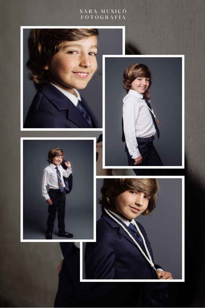 Niño con vestido de Primera Comunión en el estudio