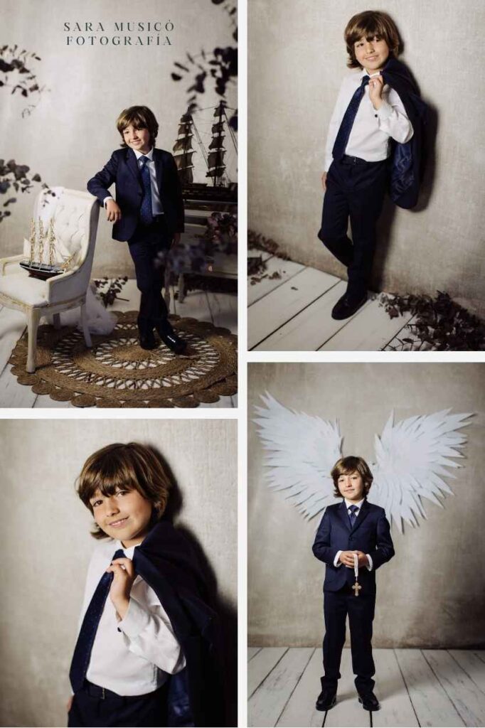 Niño de Comunión en un decorado vintage del estudio